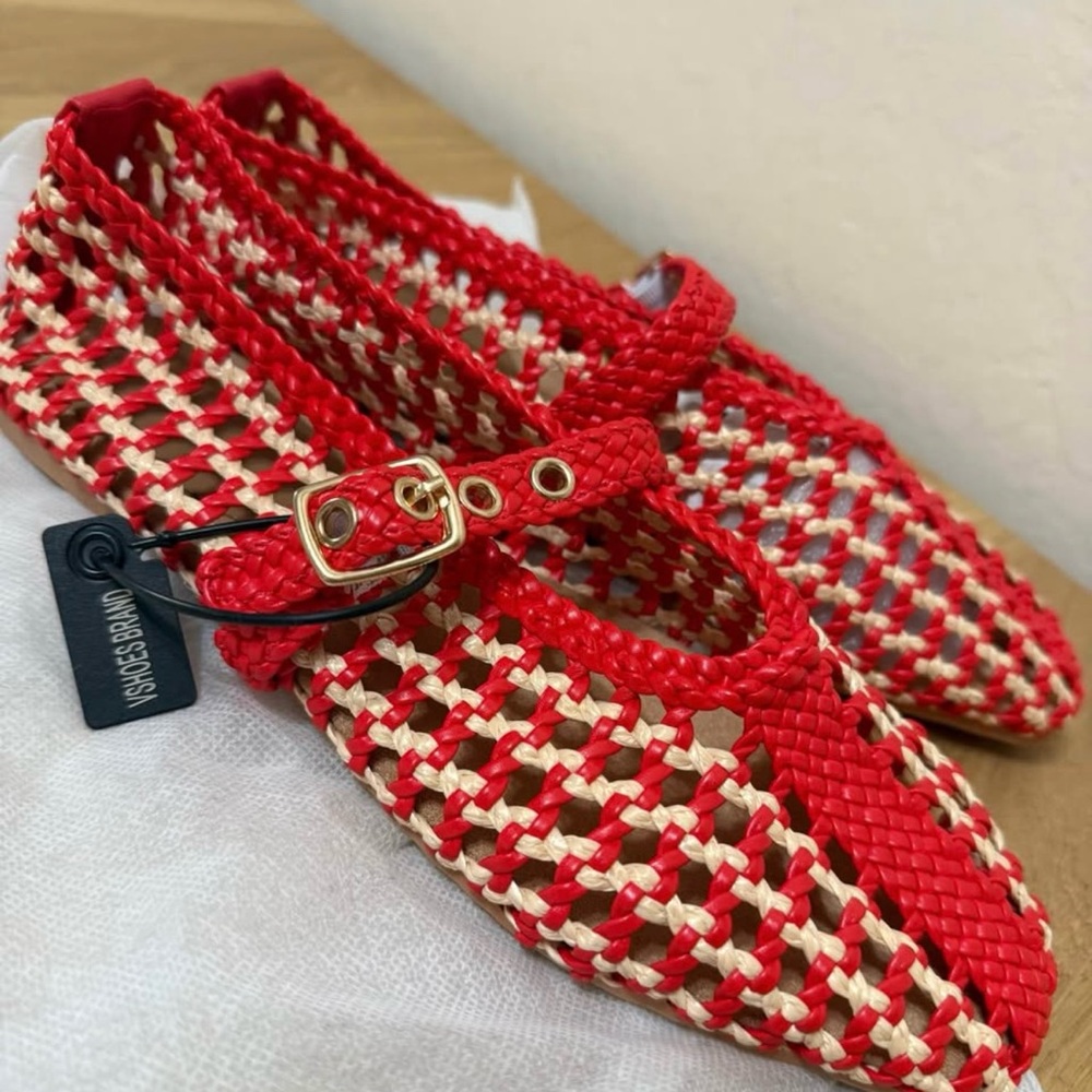 Stylish Red and Cream Woven Flats